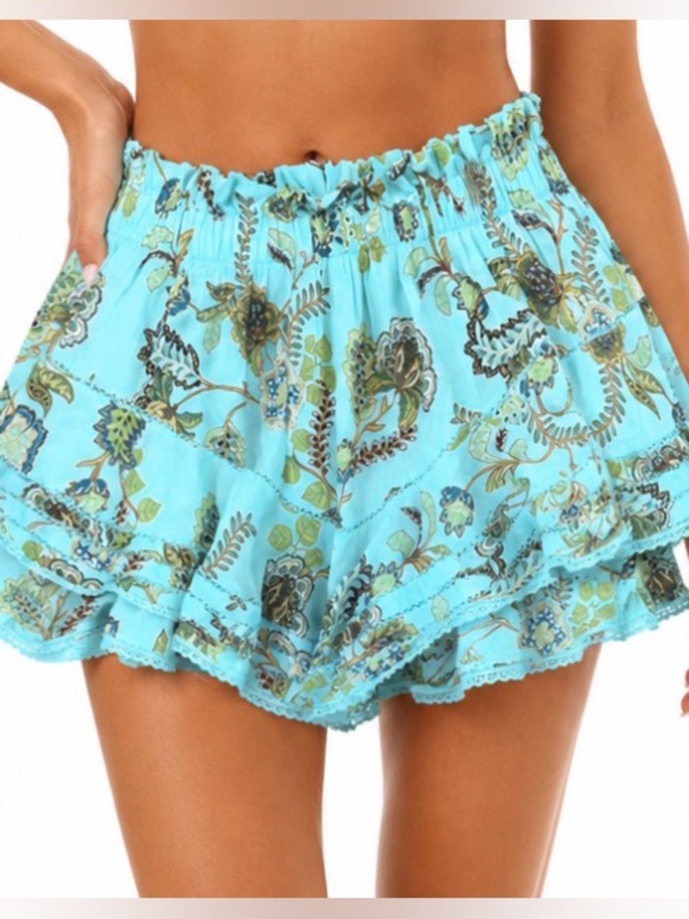aerie Aqua Floral Ruffle Hem Smocked Waist Shorts